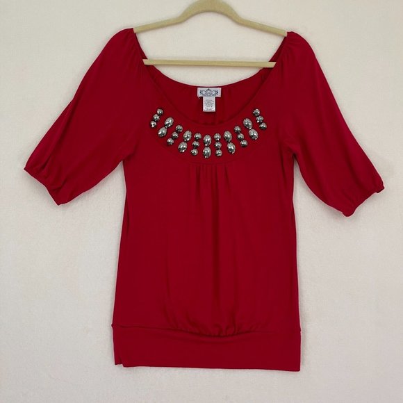 Trixxi Short Sleeve Red Beaded Top Women's Size Medium - Picture 1 of 8